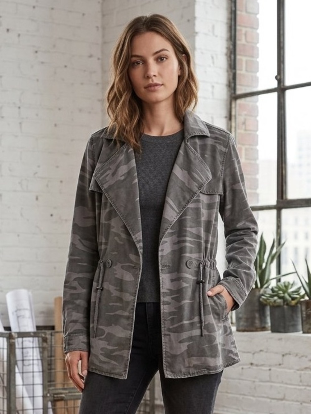 Lucky Brand Women's Camo-Printed Cropped Trench Coat Jacket, GUC - Picture 1 of 11